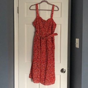 Red printed belted midi dress
